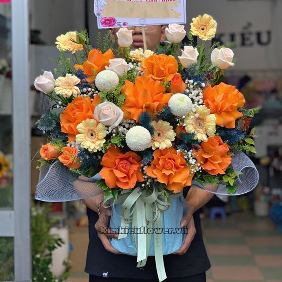 Giỏ hoa hồng cam, pingpong - HG513