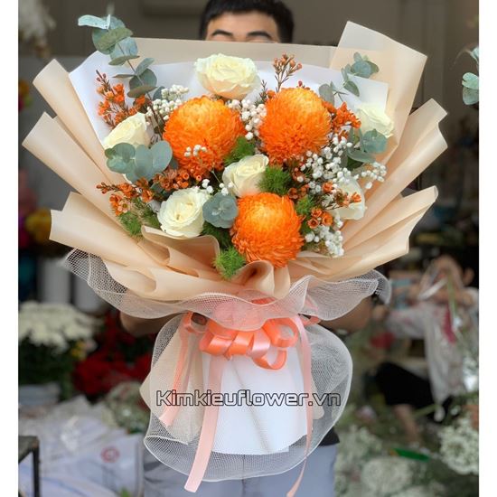 Bó hoa cúc mẫu đơn, hồng trắng - HB423