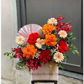 Giỏ hoa kiểu quạt đỏ, cam - HG516