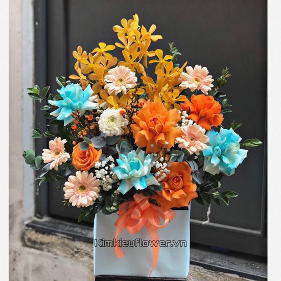 Giỏ hoa chúc mừng xanh, cam - HG518