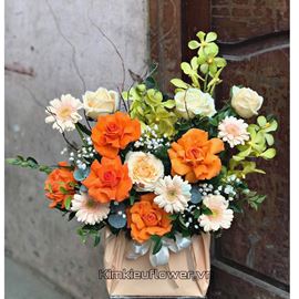 Giỏ hoa chúc mừng hồng cam, lan vàng - HG522