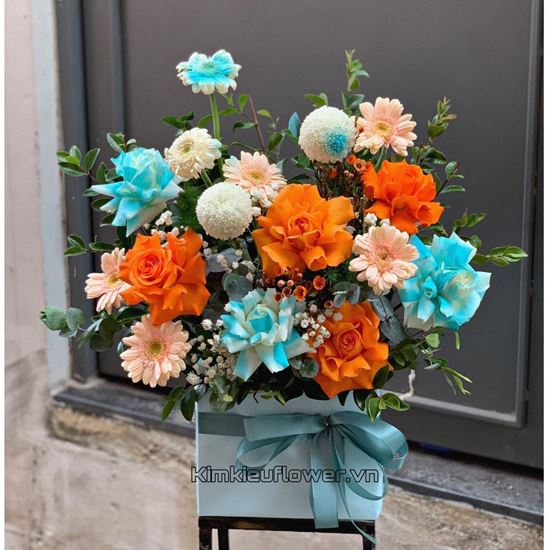 Giỏ hoa hồng xanh, cam - HG523