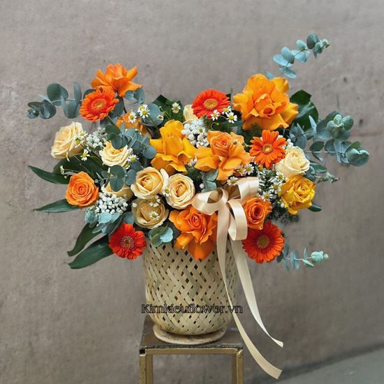 Giỏ hoa hồng cam, đồng tiền nhí - HG537