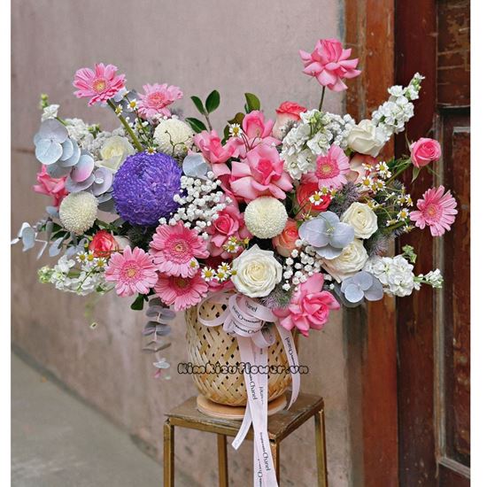 Hộp hoa cúc mẫu đơn tím, hoa hồng - HG538