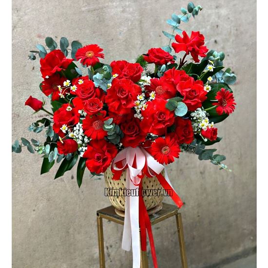 Giỏ hoa hồng đỏ, đồng tiền - HG543