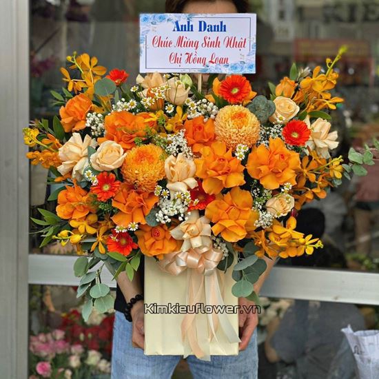 giỏ hoa cúc mẫu đơn, hồng cam - HG561