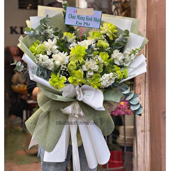 Bó hoa cát tường xanh, hoa hồng - HB456