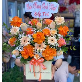 GIỎ HOA HỒNG CAM, ĐỒNG TIỀN -HG577