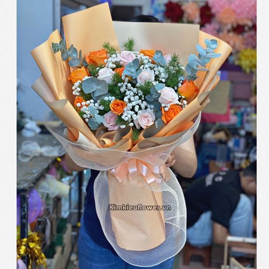 Bó hoa hồng cam,kem - HB463