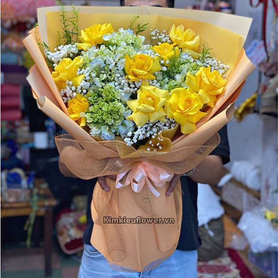 Bó hoa hồng vàng, cẩm tú cầu - HB470