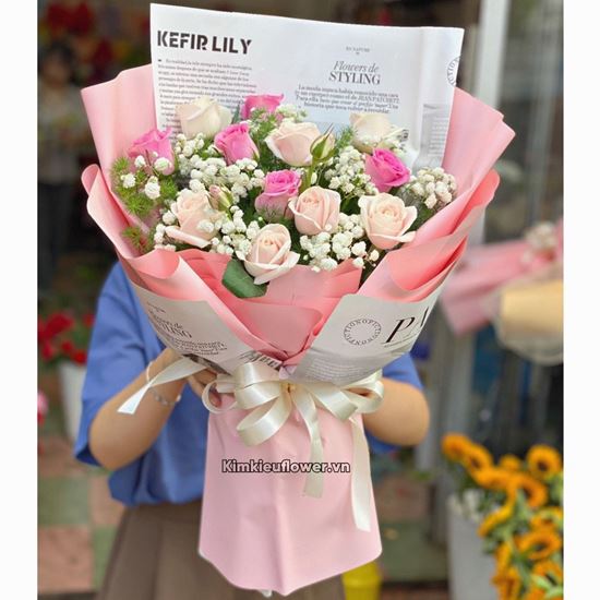 Bó hoa hồng kem,dâu- HB481