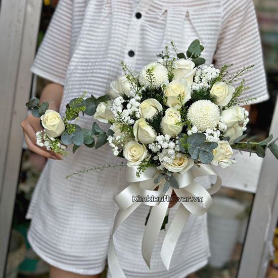 Bó hoa cưới hồng trắng, cúc pingpong  - HC72