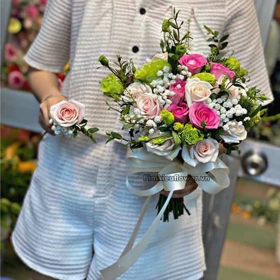 Bó hoa cưới sen nhí, cát tường xanh - HC78