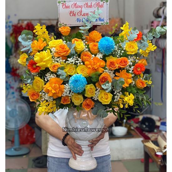 Bình hoa cúc mẫu đơn xanh, hoa hồng - BI252