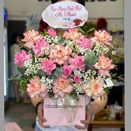 giỏ hoa hồng viên, hồng sen - HG602