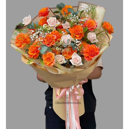 Bó hoa hồng cam spirit mix kem - HB494