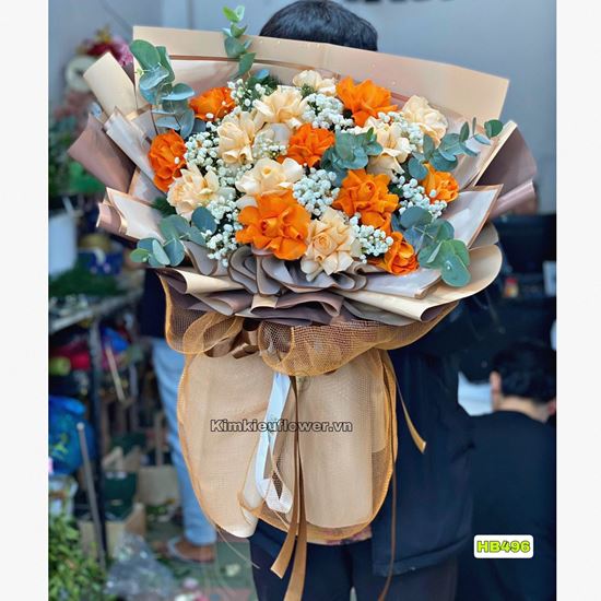 Bó hoa hồng cam, mỡ gà - HB496