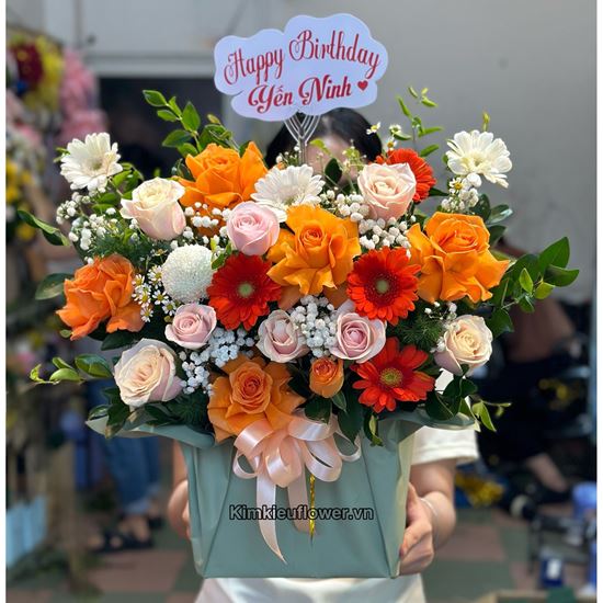 giỏ hoa chúc mừng tone kem cam - HG618 