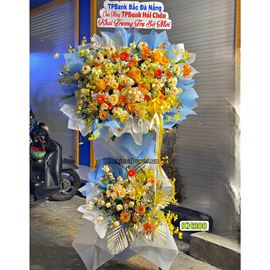 Kệ hoa chúc mừng cúc mẫu đơn, lan hồ điệp vàng - KH205