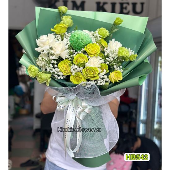 Bó hoa hồng trắng mix xanh - HB542