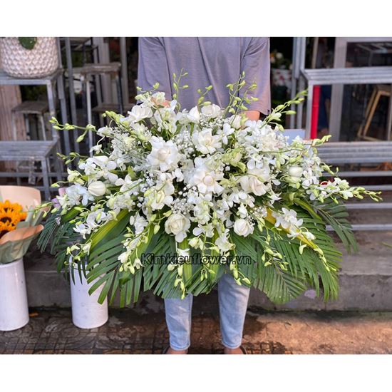 Đĩa hoa viếng hồng trắng mix lan trắng - GV14