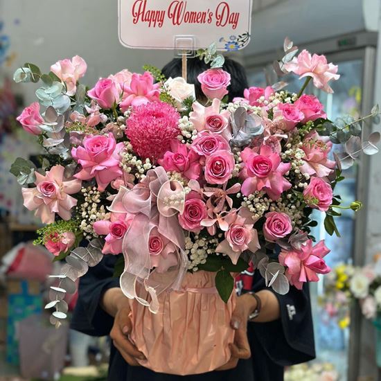 giỏ hoa cúc mẫu đơn, hoa hồng - HG604