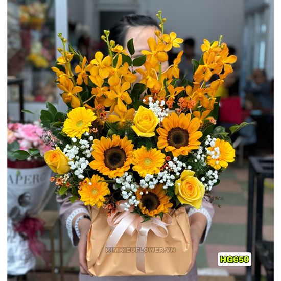giỏ hoa chúc mừng hướng dương, lan vàng - HG650