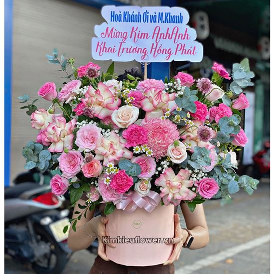 Giỏ hoa tone hồng, cúc mẫu đơn hồng- HG669
