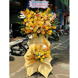 Kệ hoa chúc mừng tone vàng, cúc mẫu đơn - KH244