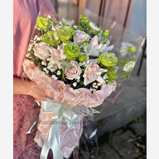 Bó hoa hồng kem mix cát tường xanh - HB625