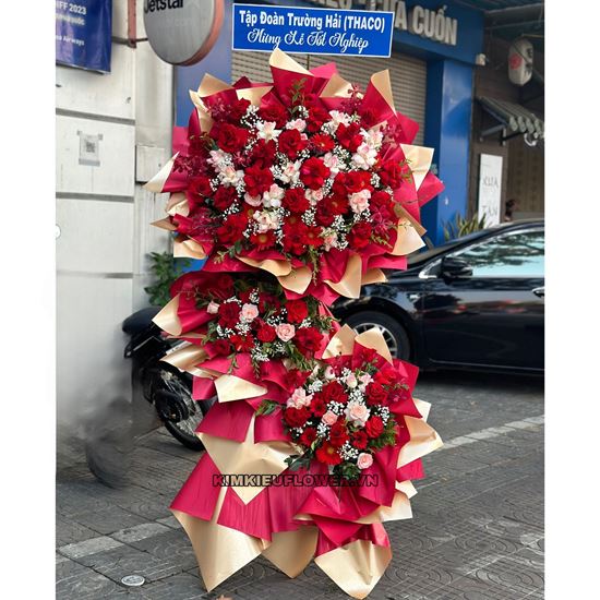 Kệ hoa chúc mừng 3 tầng tone đỏ hồng - KH256