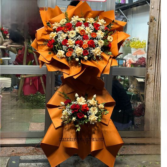 Kệ hoa chúc mừng tone mỡ gà, cam - KH258