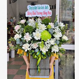 Giỏ hoa cúc mẫu đơn xanh lá, hoa hồng kem - HG697