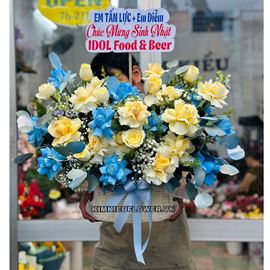 giỏ hoa tone xanh dương, victo vàng - HG704