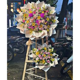 Kệ hoa chúc mừng cúc mẫu đơn mix lan vũ nữ, hoa hồng - KH312