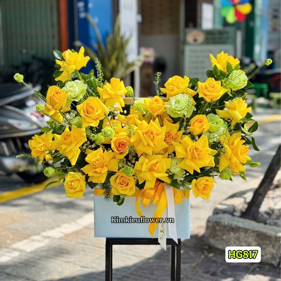 Giỏ hoa hồng vàng mix cát tường xanh - HG817