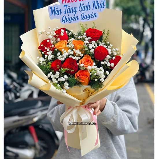 Bó hoa hồng đỏ mix hồng cam - BI913