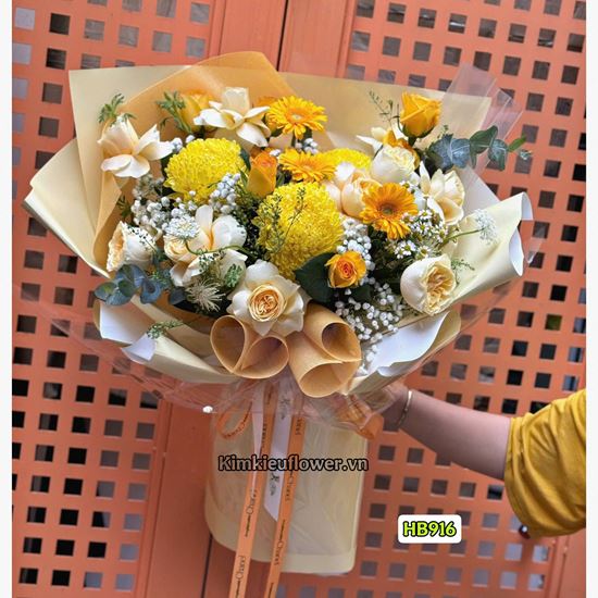 Bó hoa cúc mẫu đơn vàng mix hồng victo - HB916