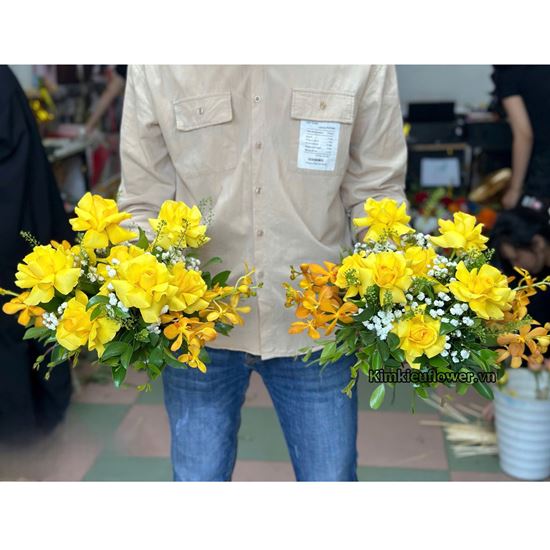 Đĩa hoa hồng vàng, lan mokara (1 đĩa) - ĐH35