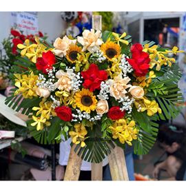 Đĩa hoa lan vàng mix hoa hồng, hướng dương - ĐH39