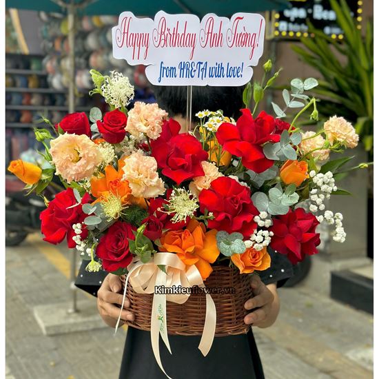 Giỏ hoa chúc mừng tone đỏ cam - HG823