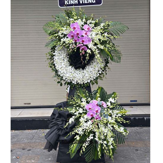 Vòng hoa lan trắng mix lan hồ điệp tím - KV274