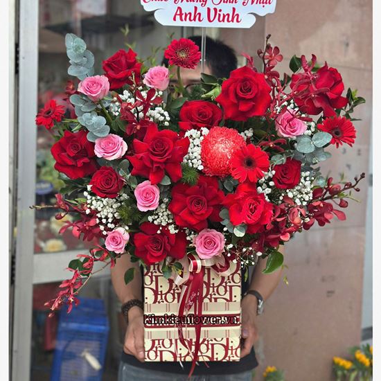 giỏ hoa tone đỏ hồng - HG844