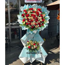 Kệ hoa hồng đỏ mix hồng shimmer, victo vàng - KH411