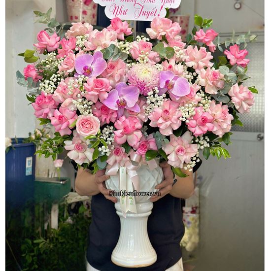Bình hoa tone hồng mix hồ điệp tím - BI331