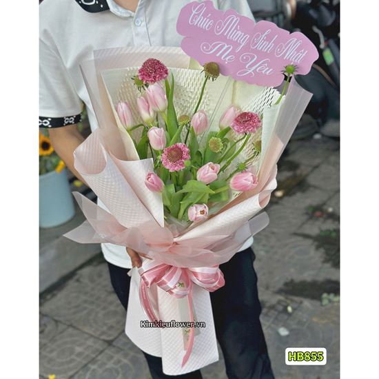 Bó hoa tulip hồng mix scabiosa - HB855