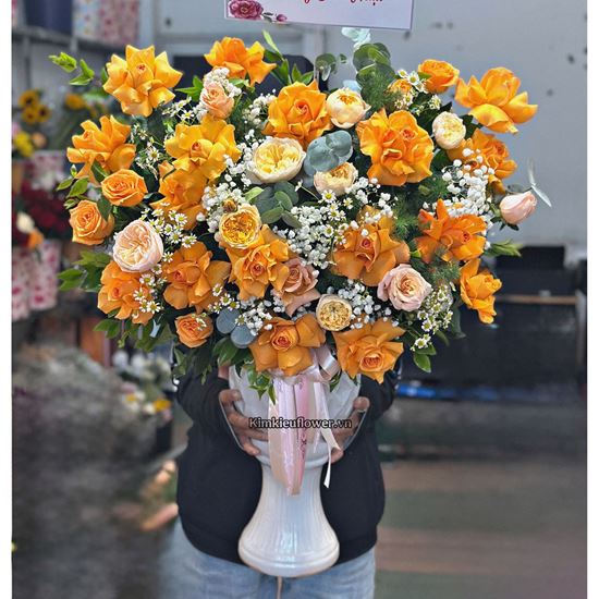 Bình hoa hồng cam, hồng juliet  - BI335