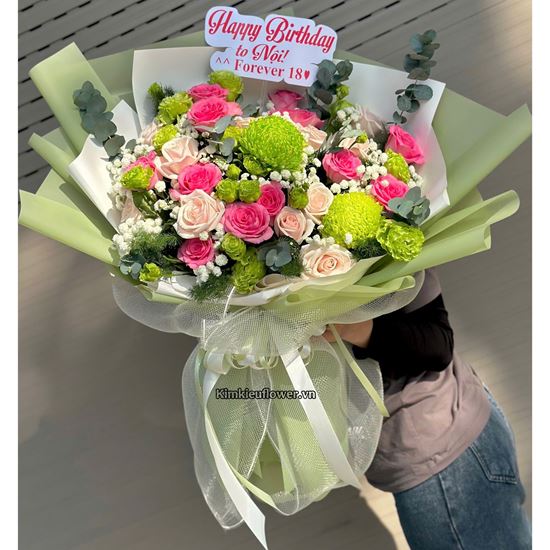 Bó hoa tone hồng mix cúc mẫu đơn xanh lá - HB848