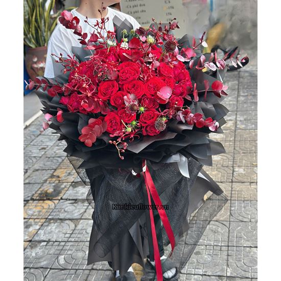 Bó hoa hồng Ohara đỏ mix lan đỏ - HB862